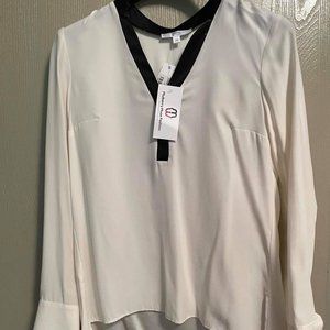 NWT Drew S XS Mulberry Silk White Black Trim Blouse Relaxed